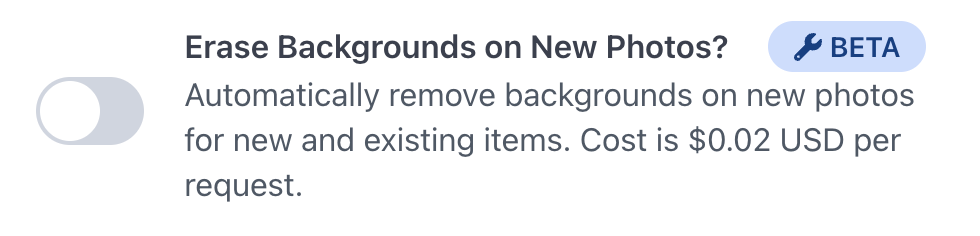 Erase Backgrounds on new Inventory Item Photos toggle setting