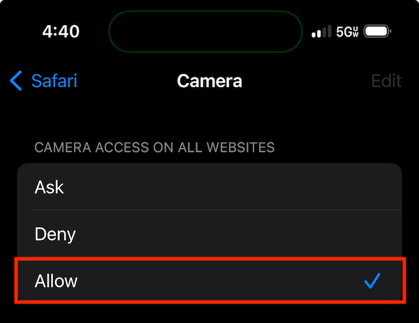 Safari camer settings