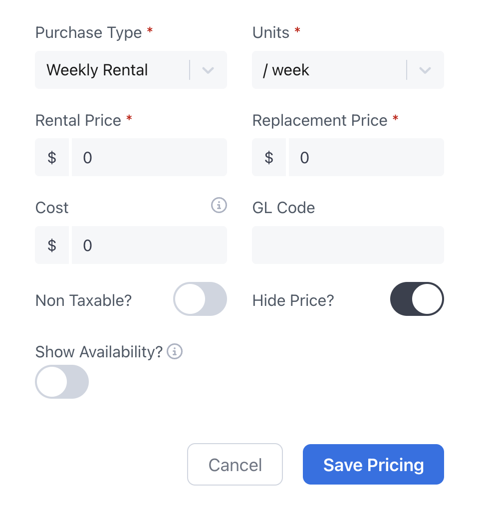 Item Pricing form