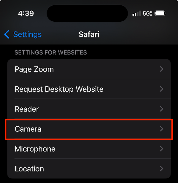 Safari camer settings
