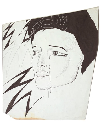 main photo of Cleared student drawing:  teary face, lightning