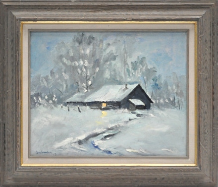 main photo of Cleared painting on canvas:  cabin in winter night