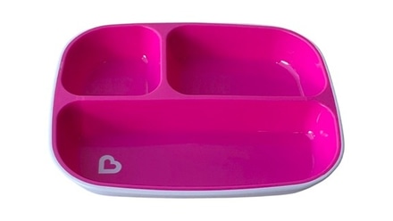 main photo of Child's Plate; plastic, pink with white trim, divided,