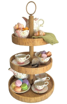 main photo of Centerpiece; hors d'oeuvre tray, rattan, 3 tier, ting top handle