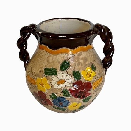 main photo of Vase; vintage, pottery, beige with multicolor etched flowers,