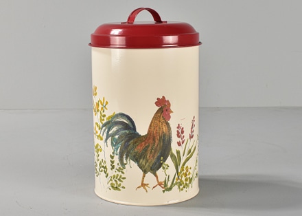 main photo of Tin Canister w/ Rooster Motif & Red Lid