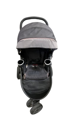 main photo of Childs Stroller; black with white dotted canopy, floral seat