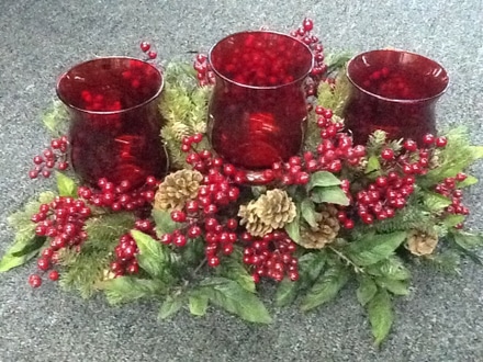 main photo of Large 3 candle centerpiece with berries and pine cones