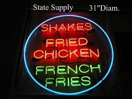 main photo of neon sign shakes-fried chicken-french fries