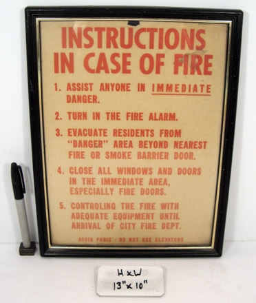 main photo of "INSTRUCTIONS IN CASE OF FIRE" SIGN