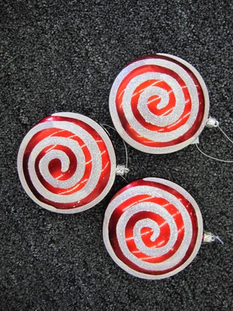 main photo of 5" diameter. Red/White Peppermint ornament