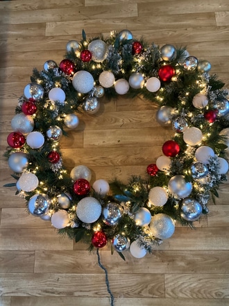 main photo of 40 inch wreath with red white and silver ornaments