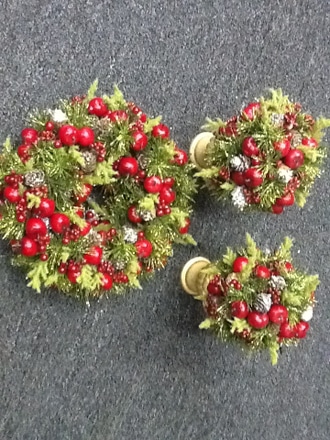 main photo of set of 10" crab apple wreath and 2 10" topiaries
