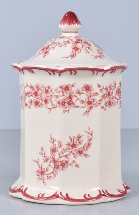 main photo of Red and White Ceramic Canister with Lid; Floral Motif
