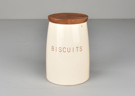 main photo of Ceramic Biscuit Canister w/ Wood Lid, "Biscuits"