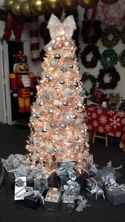 main photo of 7' Silver Tree with lights and decor