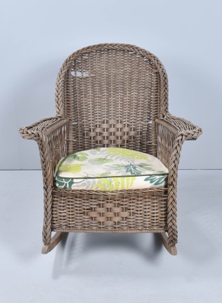 main photo of Heywood Wakefield Wicker Rocking Chair w/ Leaf Pattern Cushion