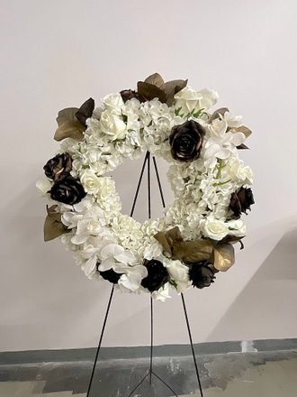 main photo of Black and White Rose and Orchid Easel Wreath