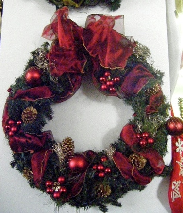 main photo of Wreath w Red ribbon, Ornaments and Pine Cones, 31"