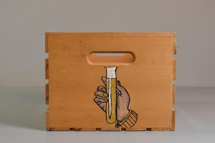 main photo of Slatted Wooden Crate w/ Image of Hand & Test Tube