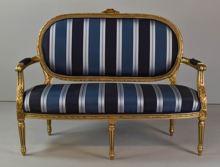 main photo of Louis XI Loveseat w/ Gold Frame & Blue Striped Upholstery