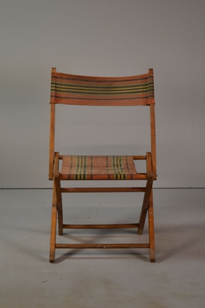 main photo of Folding Wood Garden Chair w/ Orig. Orange & Green Stripe Fabric