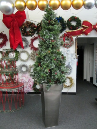main photo of Tree in Silver metal pot. 7' slim tree in 3' metal pot
