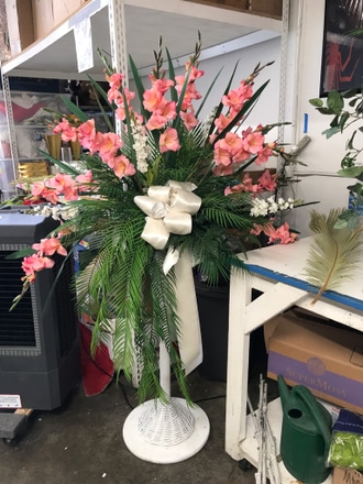 SILKS.Pair of Vintage Coral Gladiolus and Palms Arrangement main photo of SILKS.Pair of Vintage Coral Gladiolus and Palms Arrangement