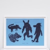 Large Framed Print: Four Creatures Blue