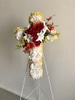 SILK White Easel Cross with Red Roses and White Lilies
