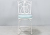 White Lyre Back Folding Garden Chair w/ Blue Seat Cushion