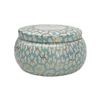 Votive; white, teal & gold tin bowl with lid,