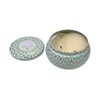 Votive; white, teal & gold tin bowl with lid,