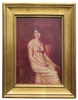 Painting of girl in cream color dress sitting on wood chair