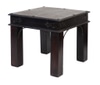 Side table:  rustic dark wood table with heraldic hardware