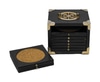 Coaster Set; Vintage, black wood box, ornate brass trim