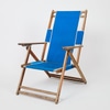 Blue canvas lounger, wood folding chair