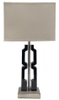 Table Lamp Base; black open rectangle design, brushed steel post