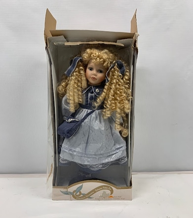 main photo of Porcelain doll, in box, on stand, blond with blue dress, 6x11x21