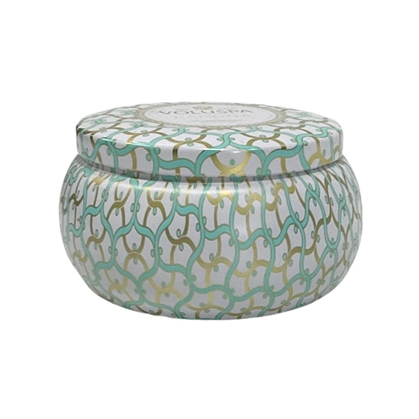 main photo of Votive; white, teal & gold tin bowl with lid,