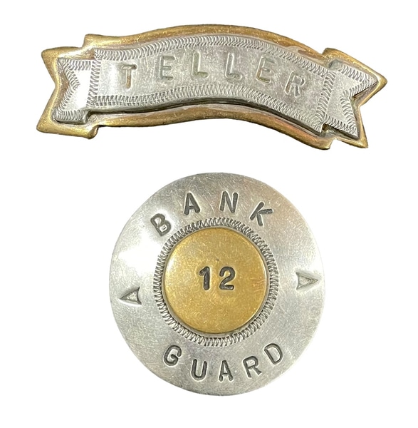 main photo of Period Bank Guard Badges x4 Teller (Gold) x6 Teller (Black) x8