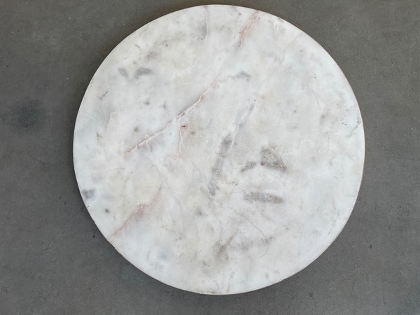 main photo of Round Marble Serving Board w/ Gray and Pink Veins, Brass Border