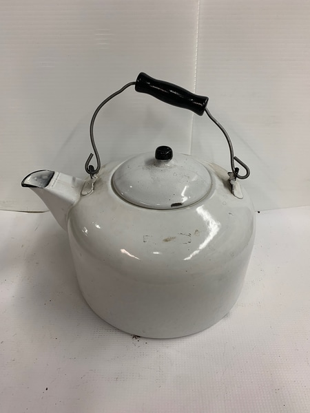 main photo of Kettle, lid, enamelware, white, wire handle, 10x10