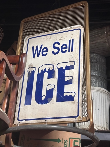 main photo of Vintage Metal 'We Sell Ice' Sign on stand