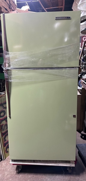 main photo of 1970s General Electric Avocado Green Top-Freezer Refrigerator