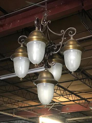 main photo of 1970s Large Brass Chandelier with 5 Globes