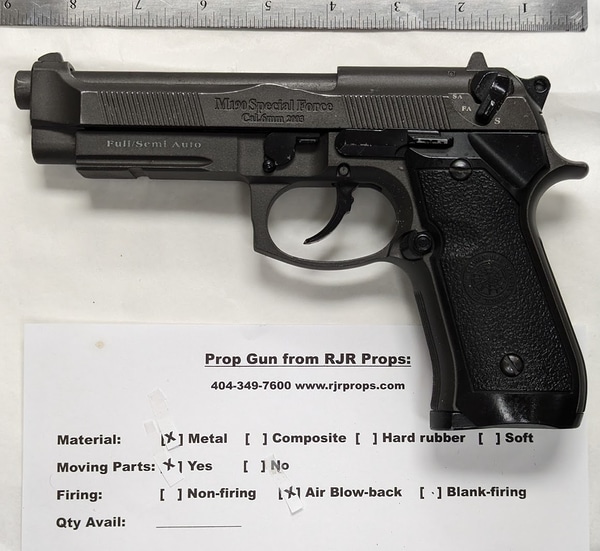 M190 Special Force Prop Gun (M92 Gun), moving parts, blow-back | For Rent  in Atlanta | RJR Props