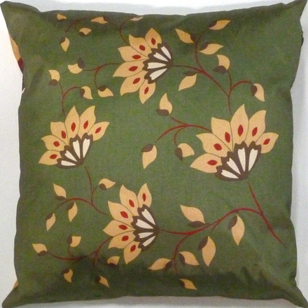 main photo of Pillow, one side green ground with gold petaled flowers