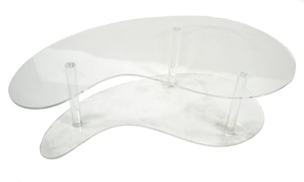 main photo of coffee table; kidney shaped thick clear acrylic