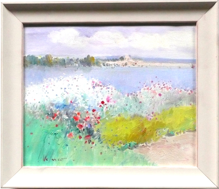main photo of Cleared Painting, canvas, Landscape Lake with Flowers